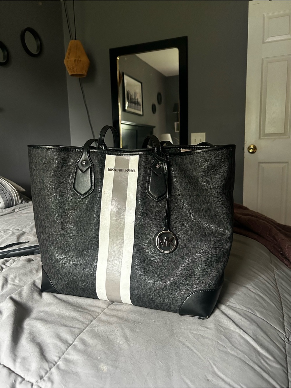 Michael Kors Black Tote with White Center Stripe